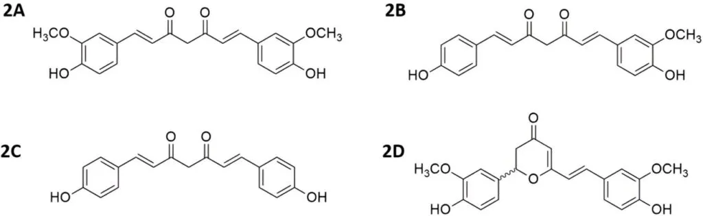 Estructura molecular de la curcuma y sus principales curcuminoides